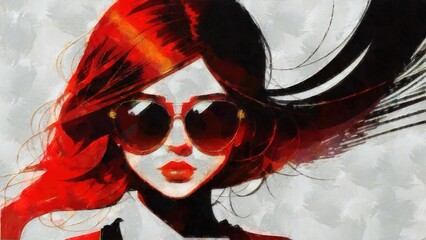 Fashion illustration of a beautiful young woman in sunglasses on a grunge background.