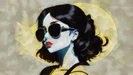 Sketch of a beautiful woman with long hair and sunglasses.