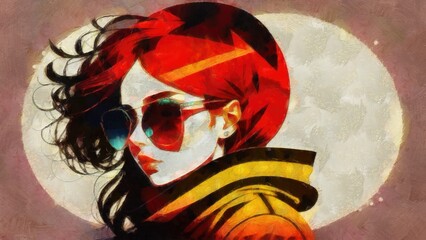 Sketch of a beautiful woman with long hair and sunglasses.