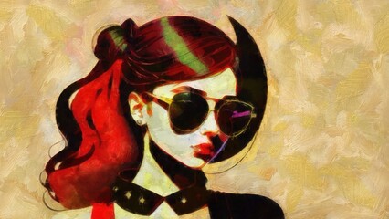 Sketch of a beautiful woman with long hair and sunglasses.