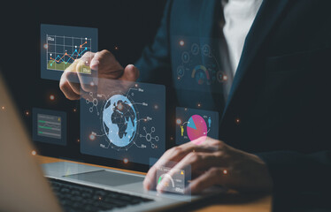 young entrepreneur using big data analysis and cloud technology to collect customer data and display on application dashboard from digital tablet to understand sale forecast and marketing plan.