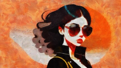 Sketch of a beautiful woman with long hair and sunglasses.