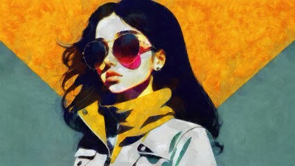 Sketch of a beautiful woman with long hair and sunglasses.