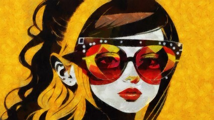 Beautiful girl with long hair in sunglasses. Oil painting on canvas realistic imitation, real brush strokes effect, illustration.