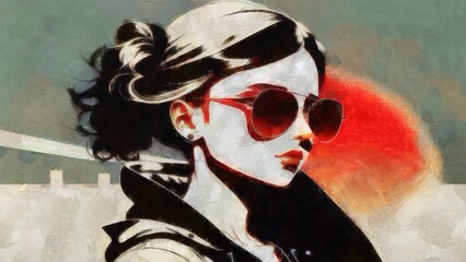 Sketch of a beautiful woman with long hair and sunglasses.