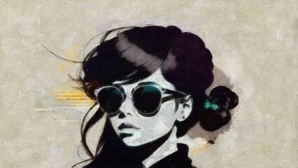 Beautiful girl with long hair in sunglasses. Oil painting on canvas realistic imitation, real brush strokes effect, illustration.