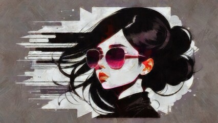 Sketch of a beautiful woman with long hair and sunglasses.