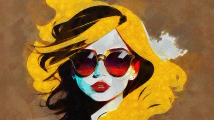 Sketch of a beautiful woman with long hair and sunglasses.