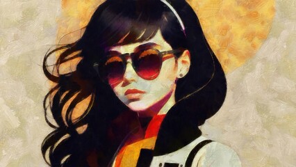 Sketch of a beautiful woman with long hair and sunglasses.