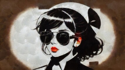 Sketch of a beautiful woman with long hair and sunglasses.