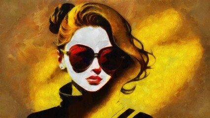 Beautiful girl with long hair in sunglasses. Oil painting on canvas realistic imitation, real brush strokes effect, illustration.
