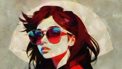 Beautiful girl with long hair in sunglasses. Oil painting on canvas realistic imitation, real brush strokes effect, illustration.