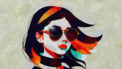 Sketch of a beautiful woman with long hair and sunglasses.