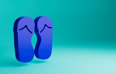 Blue Flip flops icon isolated on blue background. Beach slippers sign. Minimalism concept. 3D render illustration