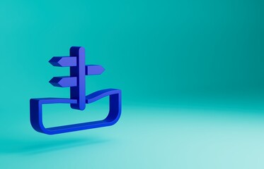Obraz premium Blue Road traffic sign. Signpost icon isolated on blue background. Pointer symbol. Isolated street information sign. Direction sign. Minimalism concept. 3D render illustration