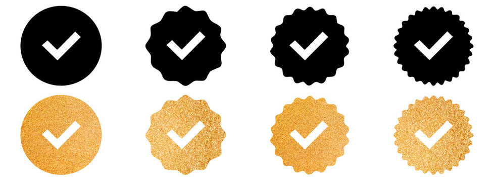 Social media verification icons hand drawn vector illustration set verified badge icon blue tick check mark official symbol black and shiny gold texture 