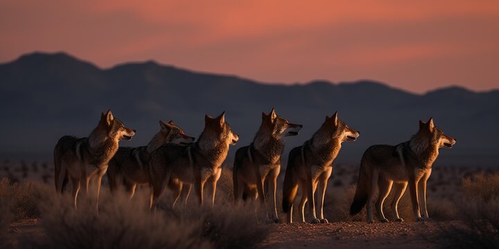 A pack of coyotes howling in the desert at dusk, concept of Wilderness communication, created with Generative AI technology
