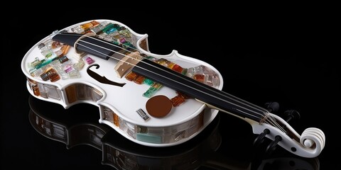 A violin crafted from recycled medical supplies, symbolizing the harmonious fusion of music and healthcare, concept of Aesthetics of Sustainability, created with Generative AI technology