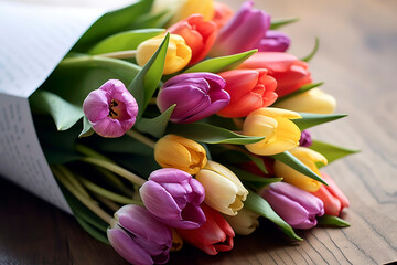 Obraz premium Bouquet of colorful tulips resting on a vintage wooden table.