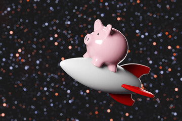 Pink piggy bank riding on a toy rocket on the starry background. Illustration of the concept of the growth of investment