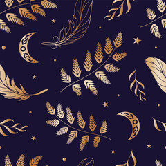 Magic seamless pattern. Moon, ferns, summer grasses, golden feathers, night sky, stars. Vector illustration. Halloween, witchcraft, astrology, mysticism. For wallpaper, fabric, wrapping, background