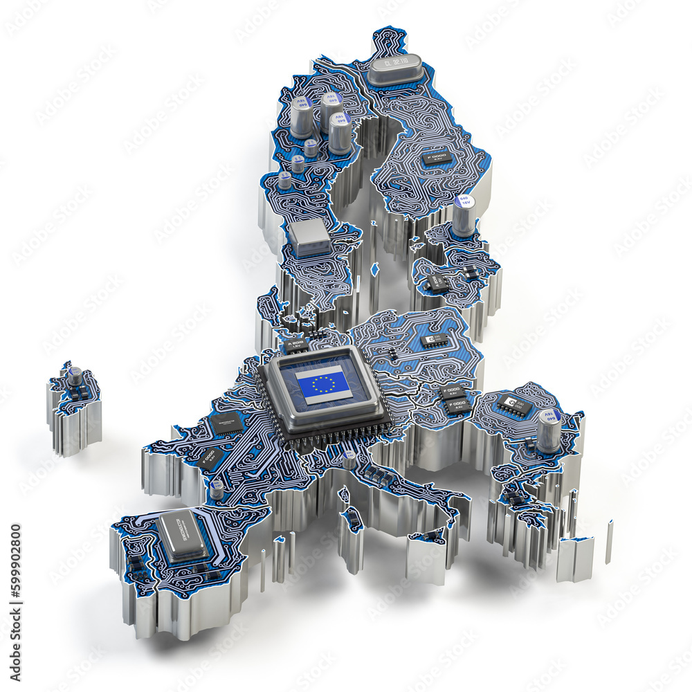 Poster EU semiconductor industry, computer chips manufacturing  and artificial intelligenceconcept. Motherboard with CPU processor in form of map of European Union.