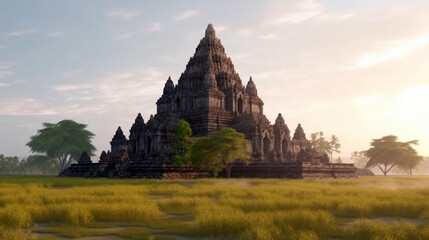 Amazing sunrise at Temple. Great Hindu architecture. AI Generative