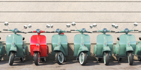 Vintage moped scooter in row on a parking of the city. 3d illustration