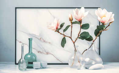 flower buds and glassware isolated on background of a white frame of magnolia flowers