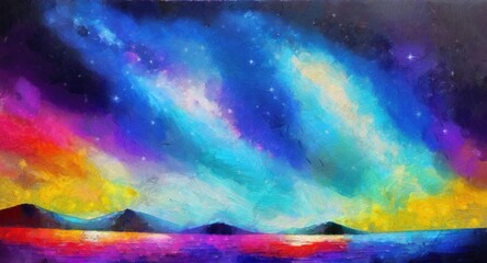 Abstract watercolor background with starry sky and clouds. Digital painting. adapted for print on canvas, paper, textile. Real textured brush strokes 3d effect after printing