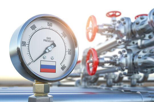 Gas pipeline with gauge with Russia flag  and zero pression.. Energy crisis and sactions concept.