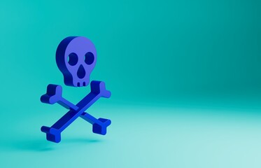 Blue Skull on crossbones icon isolated on blue background. Happy Halloween party. Minimalism concept. 3D render illustration