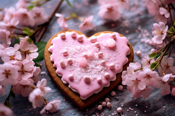 Heart - shaped cookie, decorated with pink icing, surrounded by fresh spring blossoms.