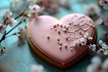 Heart - shaped cookie, decorated with pink icing, surrounded by fresh spring blossoms.