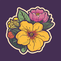 classic vintage retro color flower bouquet, floral decorative illustration for sticker and printing