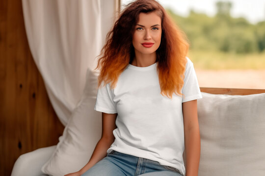 Young woman with curly red hair, redhead in a white plain t-shirt posing in her bedroom. Mockup. High quality photo Generative AI