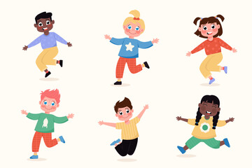 Set of happy international children girls and boys standing in different poses jumping in flat style