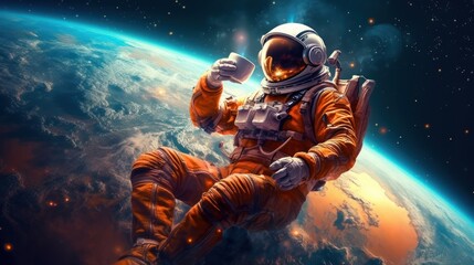 Fototapeta na wymiar Interstellar Brew: The Astronaut's Guide to Enjoying Coffee in Space, astronaut drink coffee, generative ai
