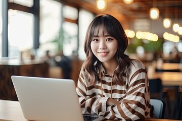 Portait of Asian business woman smile with computer laptop. Generative AI