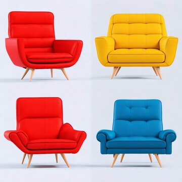 collection Set of red blue and yellow retro vantage armchairs cutouts single seat sofas isolated on transparent background 