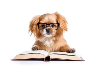 Pet puppy with eyeglasses and opened book.