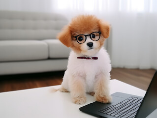Busy poodle pet dog with eyeglasses. Concept of hardworking puppy.