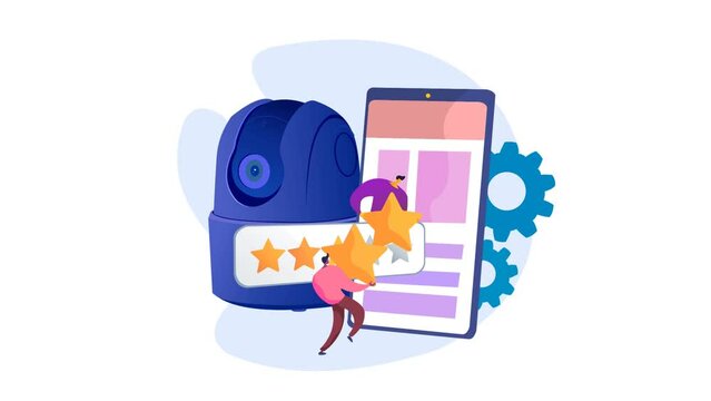 Animated illustration of CCTV product rating on a smartphone device. Suitable for surveillance cameras and security technology content
