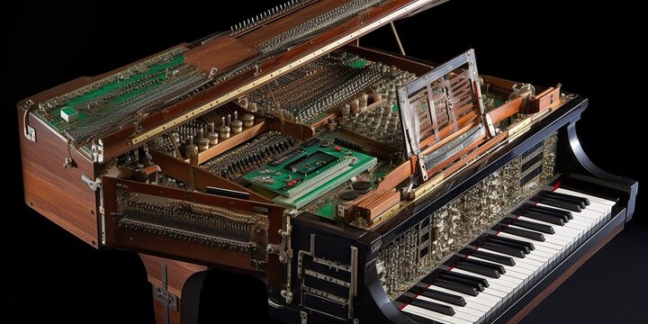 A piano made of repurposed computer parts, emphasizing the convergence of classical music and modern technology, concept of Sustainable Innovation, created with Generative AI technology