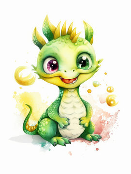Watercolor Cute Green Dragon Cartoon Nursery Illustration Isolated on White Background. Colorful Digital Animal Art for Kids