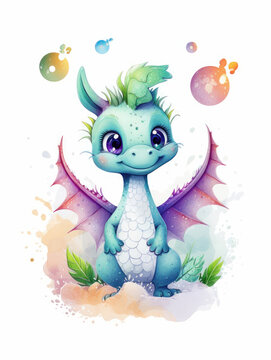 Watercolor Cute Blue Dragon Cartoon Nursery Illustration Isolated on White Background. Colorful Digital Animal Art for Kids