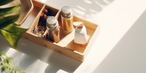 Fototapeta na wymiar Top view of minimal wooden condiment caddy holder, spice, seasoning, jar, napkin, cutlery and plant on white tablecloth in sunlight With Generative AI technology