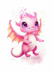 Fototapeta premium Watercolor Cute Pink Dragon Cartoon Nursery Illustration Isolated on White Background. Colorful Digital Animal Art for Kids