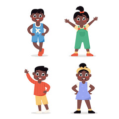 Set of happy African American children girls and boys standing in different poses in flat style