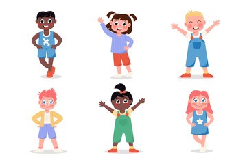Set of happy international children girls and boys standing in different poses, flat style